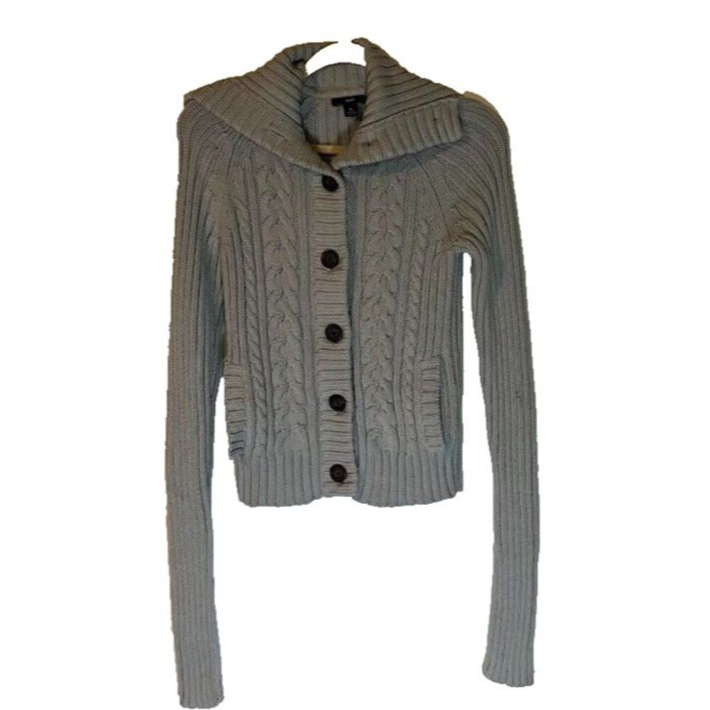 GAP Light Blue Cable Knit Cabincore Cozy Shawl Collar Button Up Sweater M